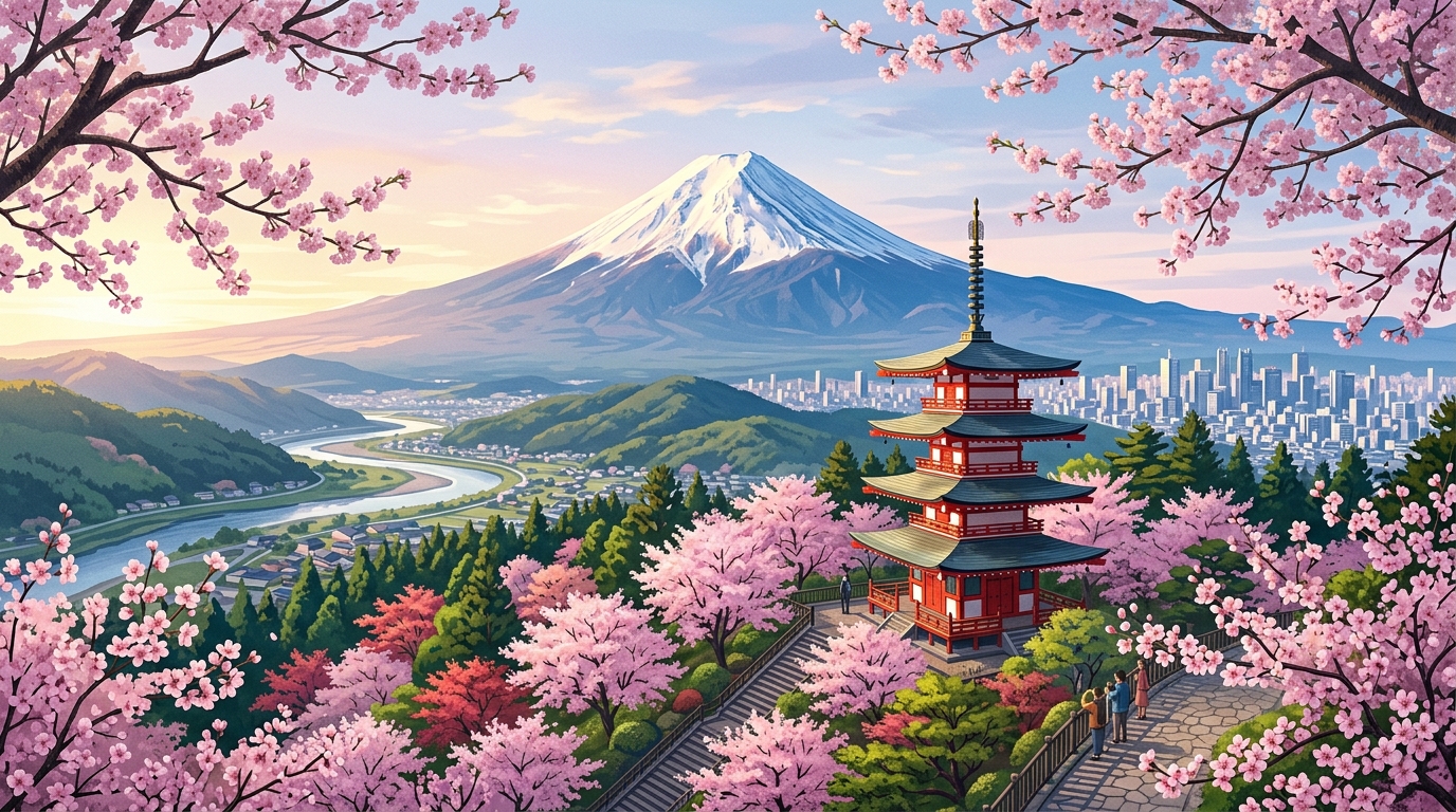 Mt Fuji, pagoda, and sakura in Japan