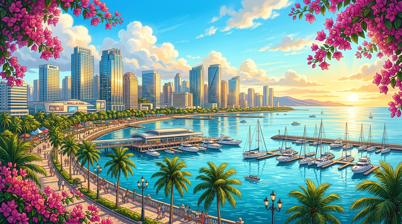 Manila Bay waterfront, marina, and skyline in the Philippines
