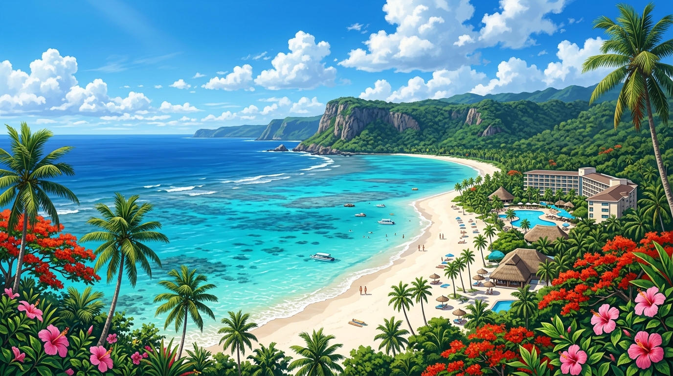 Saipan tropical ocean lagoon, resort, beach and cliffs