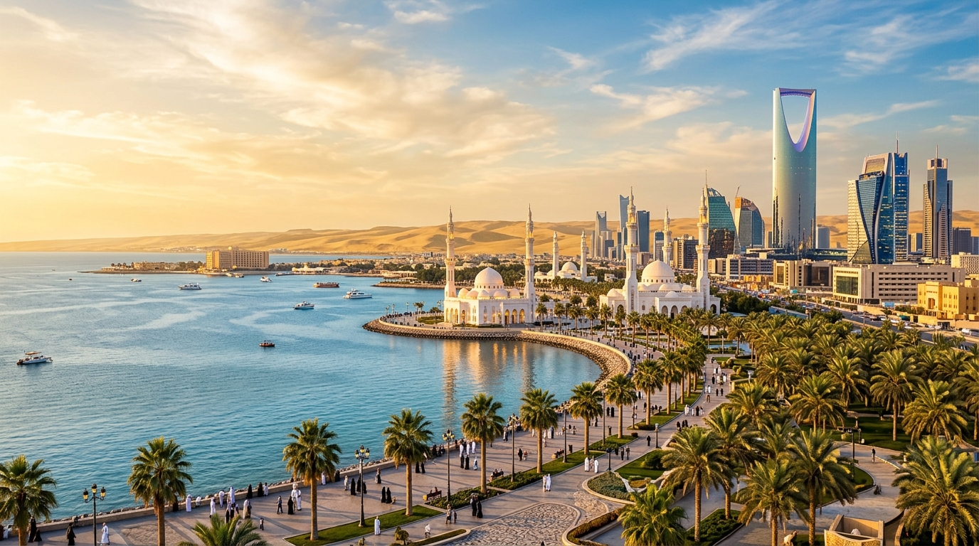 Riyadh and Jeddah corniche skyline and mosque