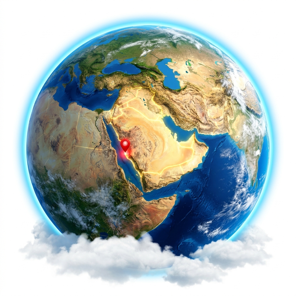 3D Earth globe centered on Saudi Arabia
